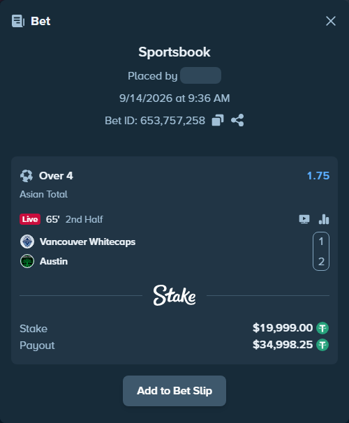 Bet slip: Vancouver Whitecaps - Austin, $19,999.00 stake at 1.75 odds, placed by tlwns4736