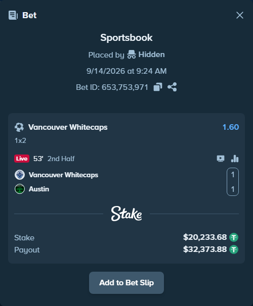Bet slip: Vancouver Whitecaps - Austin, $20,233.68 stake at 1.60 odds, placed by Hidden