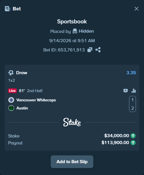 Bet slip: Vancouver Whitecaps - Austin, $34,000.00 stake at 3.35 odds, placed by Hidden