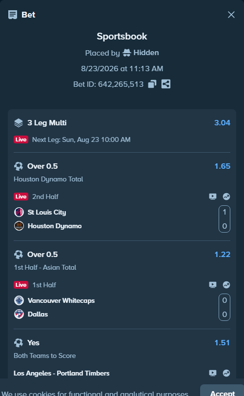 Bet slip: Vancouver Whitecaps - Dallas, $11,569.85 stake at 1.22 odds, placed by Hidden