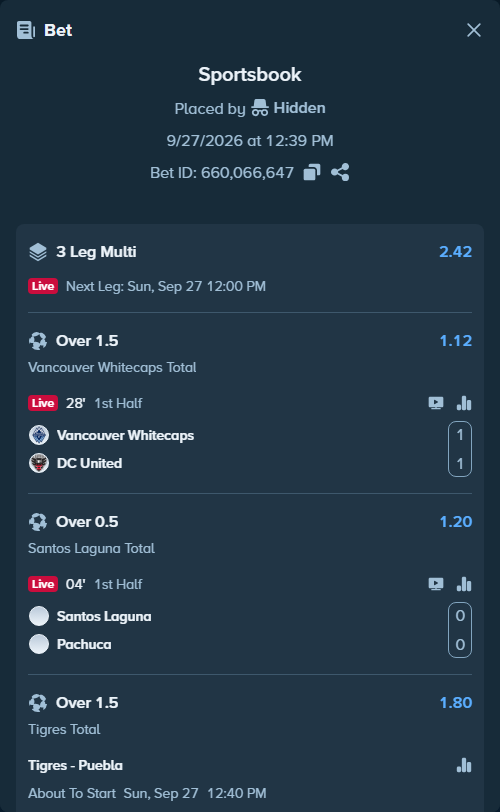 Bet slip: Vancouver Whitecaps - DC United, $26,667.00 stake at 1.12 odds, placed by SH7N28