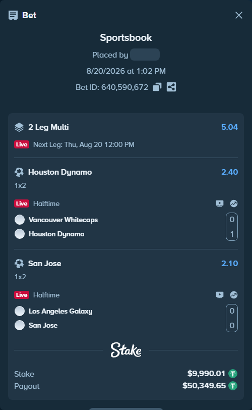 Bet slip: Vancouver Whitecaps - Houston Dynamo, $10,000.00 stake at 2.40 odds, placed by Bossnatty
