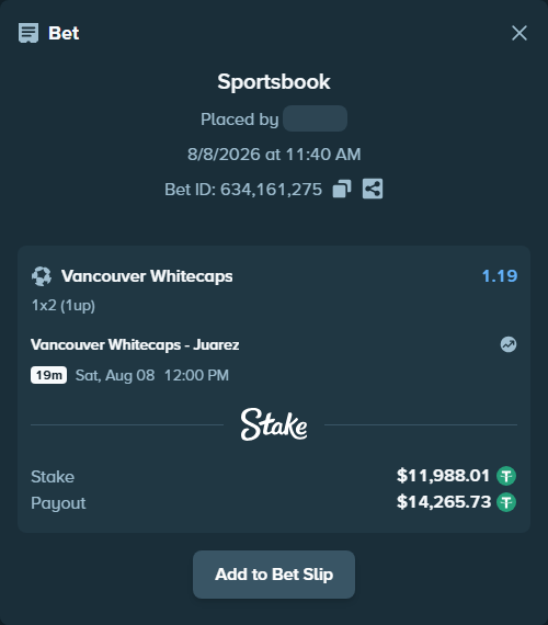 Bet slip: Vancouver Whitecaps - Juarez, $12,000.00 stake at 1.19 odds, placed by Stakepje