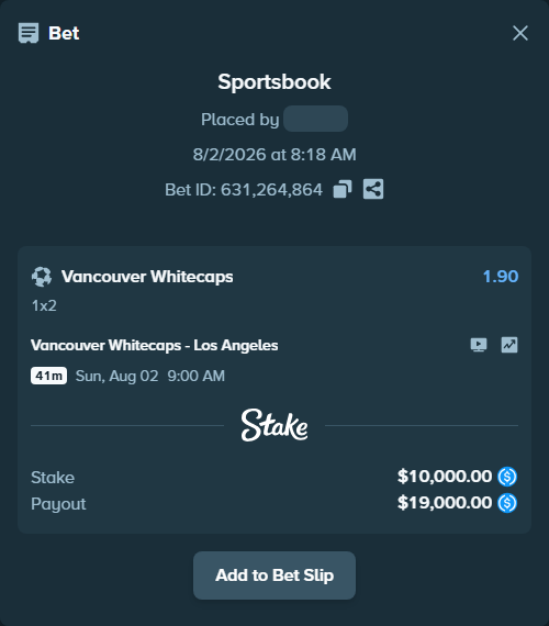 Bet slip: Vancouver Whitecaps - Los Angeles, $10,000.00 stake at 1.90 odds, placed by Duretil05