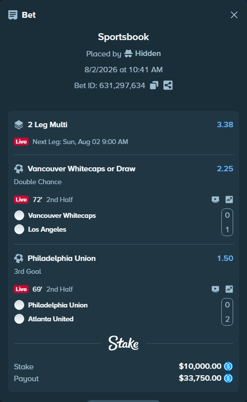Bet slip: Vancouver Whitecaps - Los Angeles, $10,000.00 stake at 2.25 odds, placed by Hidden