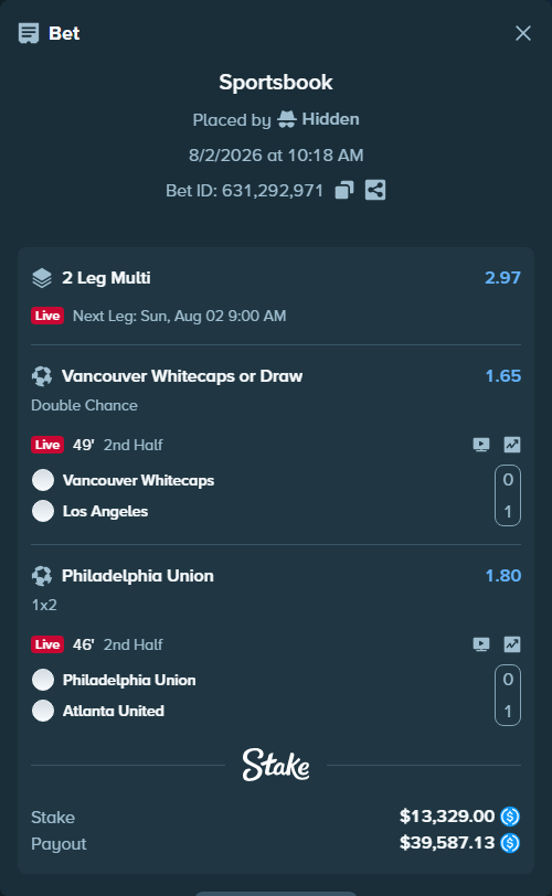 Bet slip: Vancouver Whitecaps - Los Angeles, $13,329.00 stake at 1.65 odds, placed by Hidden