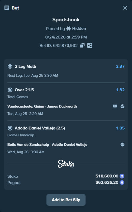 Bet slip: Vandecasteele, Quinn - James Duckworth, $18,714.54 stake at 1.82 odds, placed by Hidden