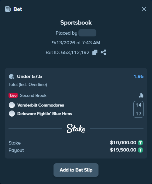 Bet slip: Vanderbilt Commodores - Delaware Blue Hens, $10,000.00 stake at 1.95 odds, placed by dvento