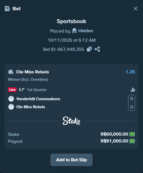 Bet slip: Vanderbilt Commodores - Ole Miss Rebels, $12,000.00 stake at 1.35 odds, placed by Hidden
