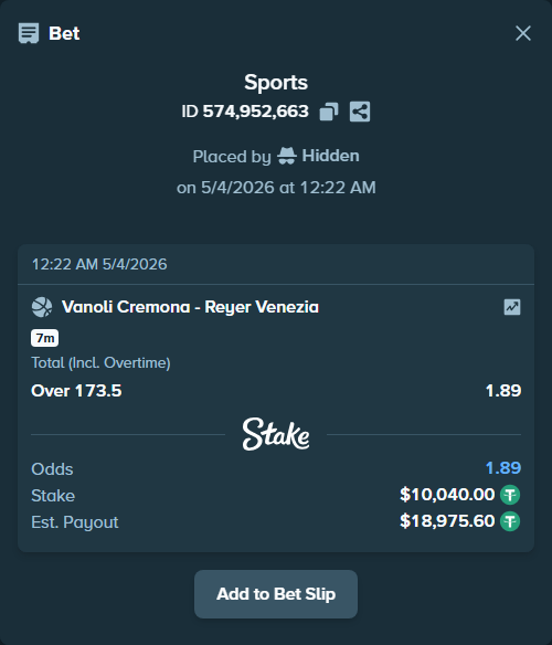 Bet slip: Vanoli Cremona - Reyer Venezia, $10,040.00 stake at 1.89 odds, placed by Hidden