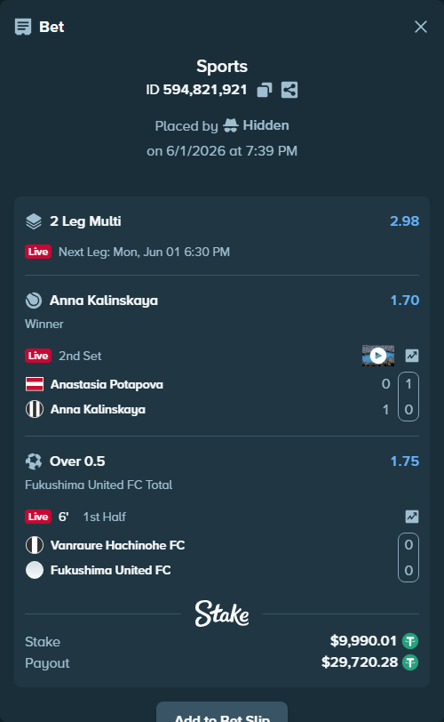 Bet slip: Vanraure Hachinohe FC - Fukushima United FC, $10,000.00 stake at 1.75 odds, placed by Hidden