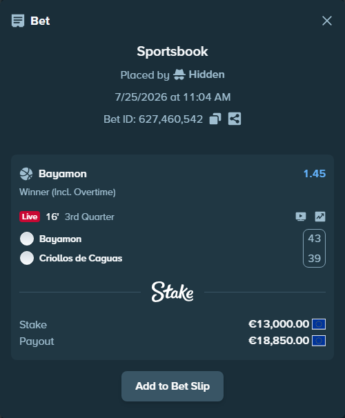 Bet slip: Vaqueros de Bayamon - Criollos de Caguas, $14,040.00 stake at 1.45 odds, placed by Hidden