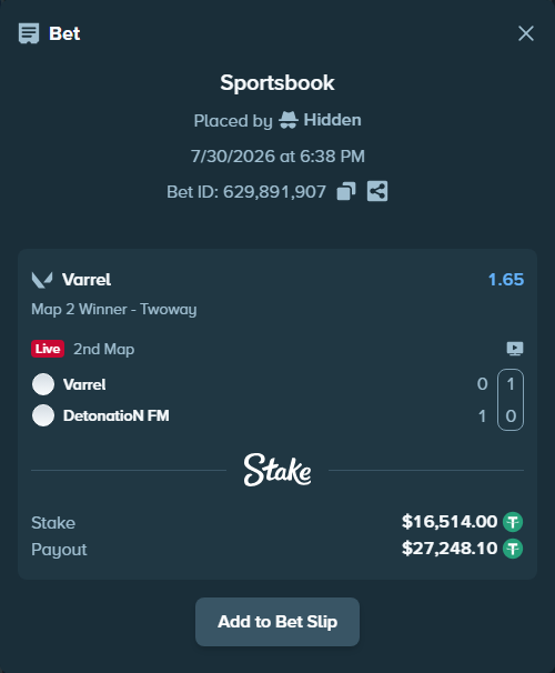 Bet slip: Varrel - DetonatioN FM, $16,530.51 stake at 1.65 odds, placed by Hidden