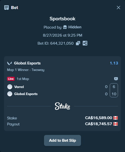 Bet slip: Varrel - Global Esports, $12,275.86 stake at 1.13 odds, placed by Hidden