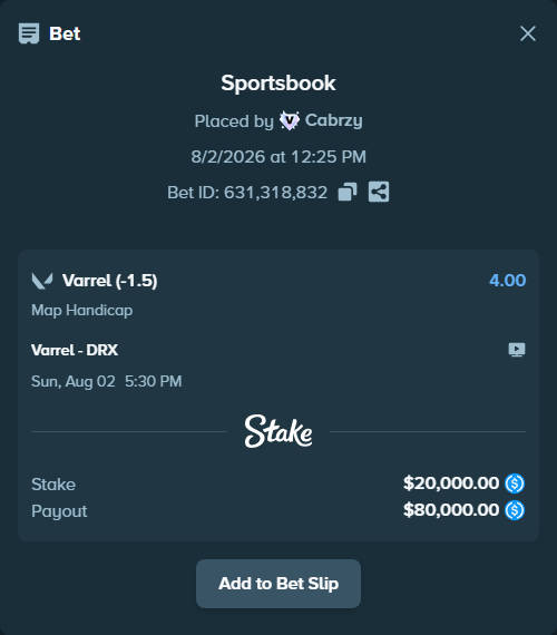 Bet slip: Varrel - Kiwoom DRX, $20,000.00 stake at 4.00 odds, placed by Cabrzy