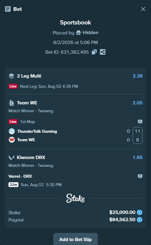 Bet slip: Varrel - Kiwoom DRX, $25,000.00 stake at 1.65 odds, placed by Hidden