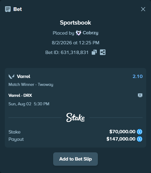 Bet slip: Varrel - Kiwoom DRX, $70,000.00 stake at 2.10 odds, placed by Cabrzy