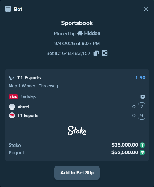 Bet slip: Varrel - T1 Esports, $35,000.00 stake at 1.50 odds, placed by Hidden