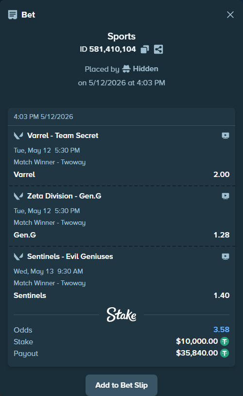 Bet slip: Varrel - Team Secret, $10,000.00 stake at 2.00 odds, placed by Hidden