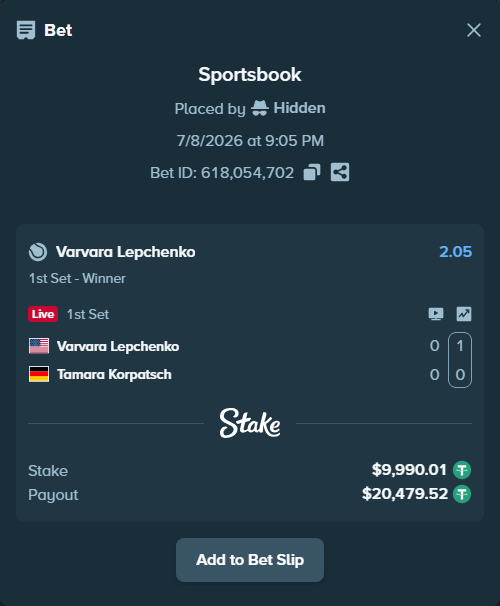Bet slip: Varvara Lepchenko - Tamara Korpatsch, $10,000.00 stake at 2.05 odds, placed by Hidden
