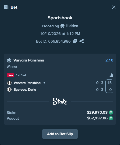 Bet slip: Varvara Panshina - Egorova, Daria, $30,000.00 stake at 2.10 odds, placed by Hidden