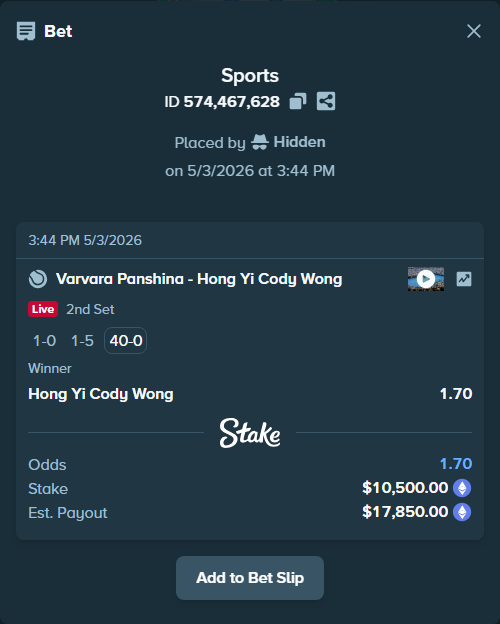 Bet slip: Varvara Panshina - Hong Yi Cody Wong, $7,914.78 stake at 1.70 odds, placed by Hidden