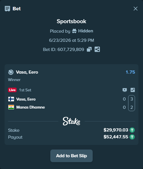 Bet slip: Vasa, Eero - Manas Dhamne, $30,000.00 stake at 1.75 odds, placed by Hidden