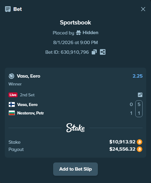 Bet slip: Vasa, Eero - Nesterov, Pyotr, $11,141.17 stake at 2.25 odds, placed by Hidden