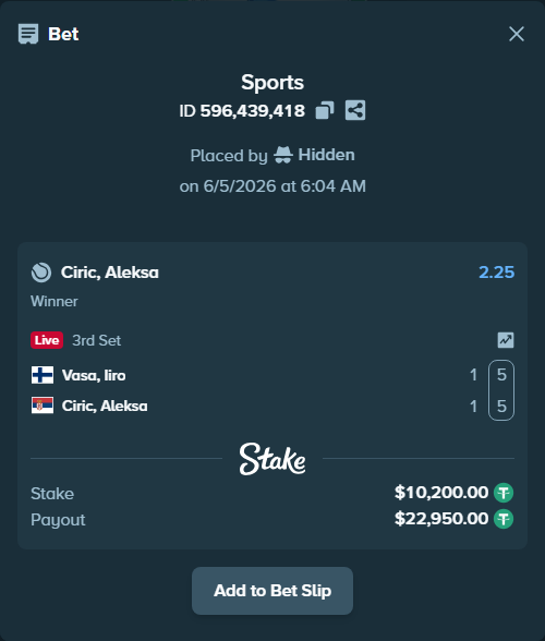 Bet slip: Vasa, Iiro - Ciric, Aleksa, $10,210.20 stake at 2.25 odds, placed by Hidden