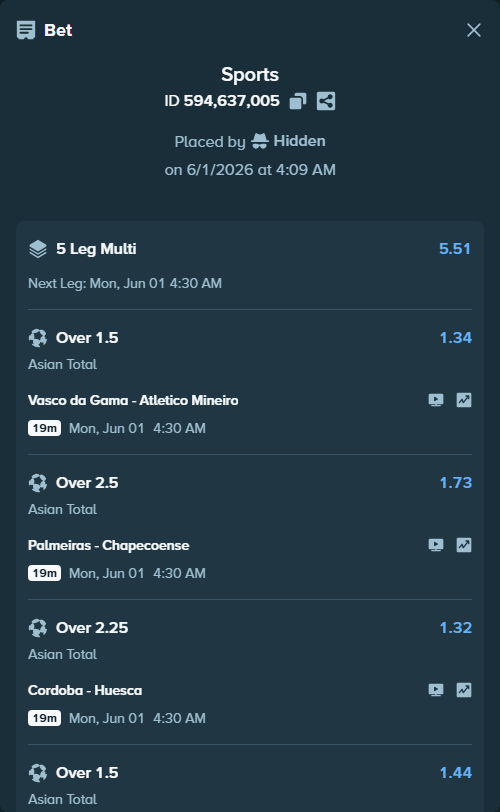 Bet slip: Vasco da Gama - Atletico Mineiro, $11,155.14 stake at 1.34 odds, placed by Hidden