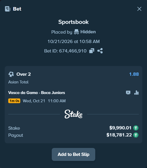 Bet slip: Vasco da Gama - Boca Juniors, $10,000.00 stake at 1.88 odds, placed by Agus1033