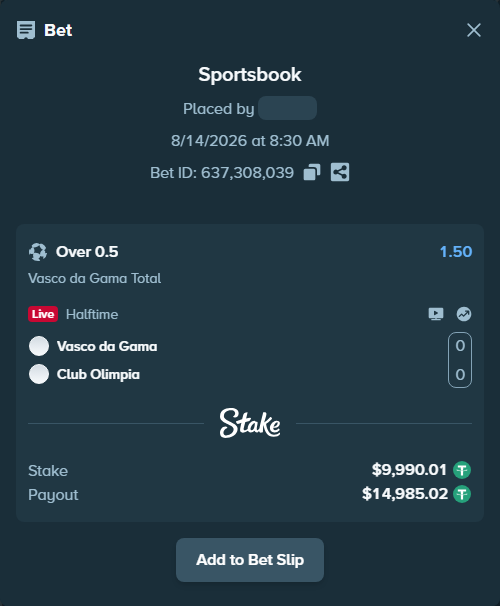 Bet slip: Vasco da Gama - Club Olimpia, $10,000.00 stake at 1.50 odds, placed by golichin