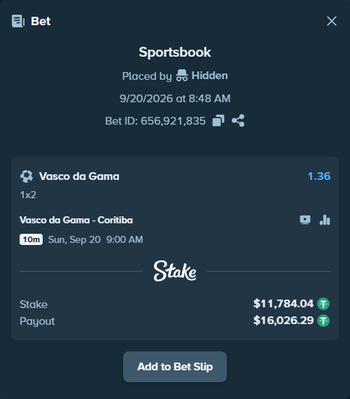 Bet slip: Vasco da Gama - Coritiba, $11,784.04 stake at 1.36 odds, placed by Hidden