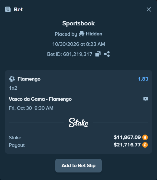 Bet slip: Vasco da Gama - Flamengo, $11,773.80 stake at 1.83 odds, placed by Hidden
