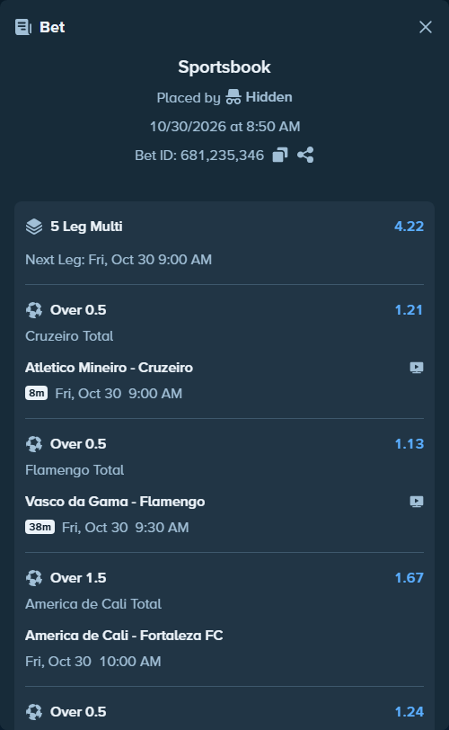 Bet slip: Vasco da Gama - Flamengo, $14,999.00 stake at 1.13 odds, placed by SH7N28