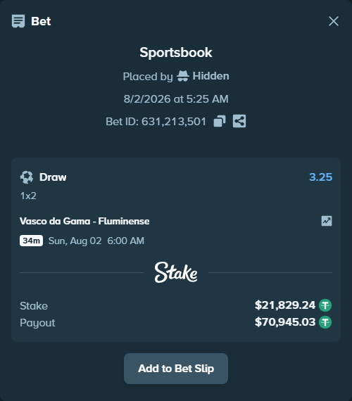 Bet slip: Vasco da Gama - Fluminense, $21,851.07 stake at 3.25 odds, placed by Hidden