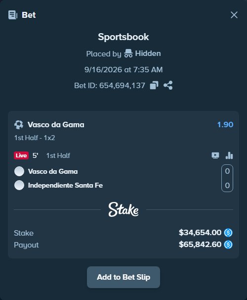 Bet slip: Vasco da Gama - Independiente Santa Fe, $34,654.00 stake at 1.90 odds, placed by Hidden