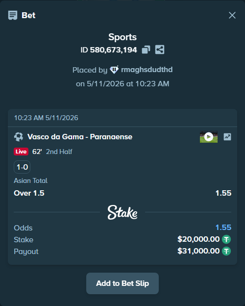Bet slip: Vasco da Gama - Paranaense, $20,000.00 stake at 1.55 odds, placed by rmaghsdudthd