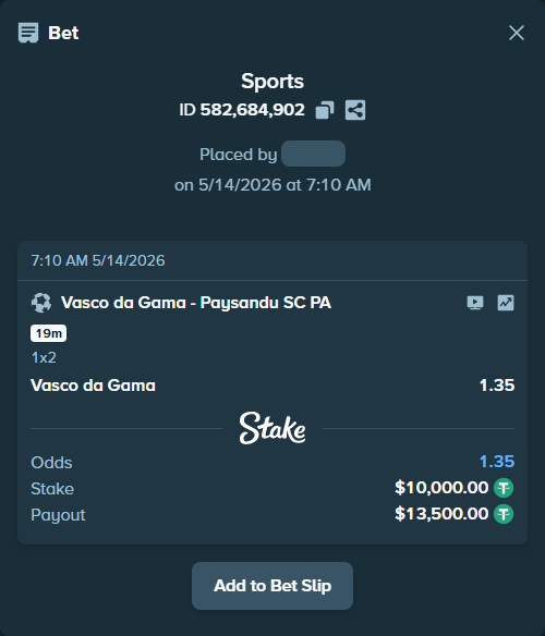 Bet slip: Vasco da Gama - Paysandu SC PA, $10,000.00 stake at 1.35 odds, placed by Celestinex