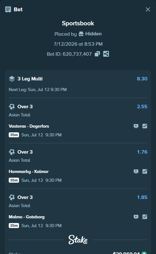 Bet slip: Vasteras - Degerfors, $40,000.00 stake at 2.55 odds, placed by Hidden