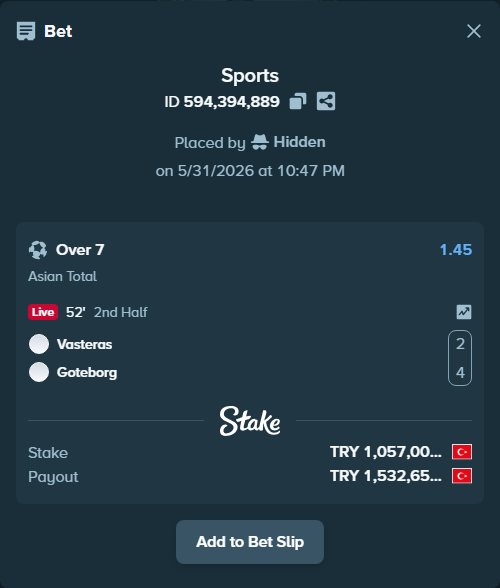 Bet slip: Vasteras - Goteborg, $31,710.00 stake at 1.45 odds, placed by Hidden