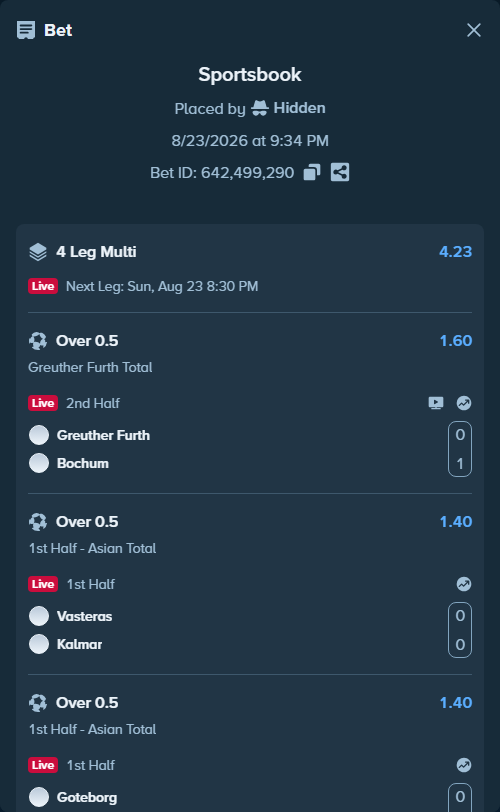 Bet slip: Vasteras - Kalmar, $19,212.84 stake at 1.40 odds, placed by Hidden