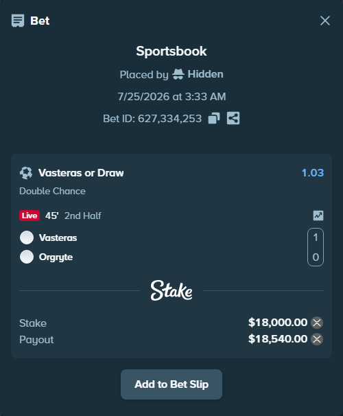 Bet slip: Vasteras - Orgryte, $17,159.89 stake at 1.03 odds, placed by Hidden