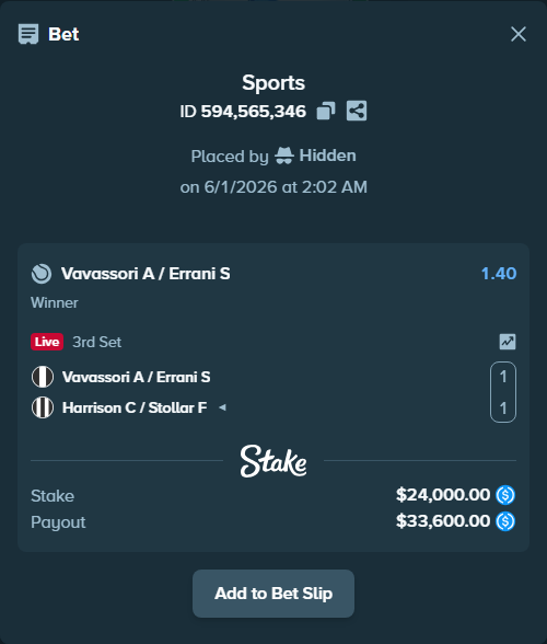 Bet slip: Vavassori A / Errani S - Harrison C / Stollar F, $24,000.00 stake at 1.40 odds, placed by Hidden