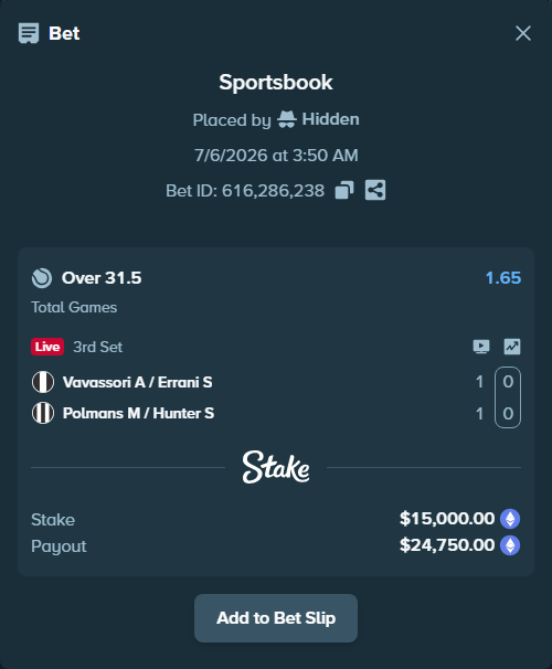 Bet slip: Vavassori A / Errani S - Polmans M / Hunter S, $15,001.16 stake at 1.65 odds, placed by Hidden