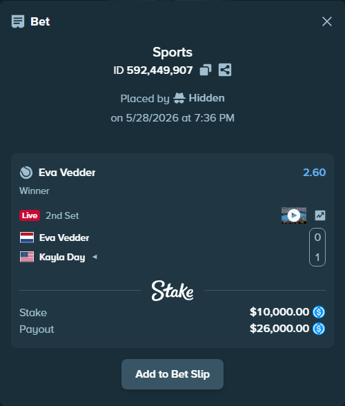 Bet slip: Vedder, Eva - Kayla Day, $10,000.00 stake at 2.60 odds, placed by Hidden