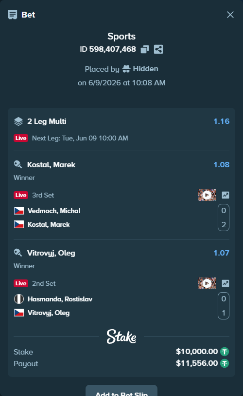 Bet slip: Vedmoch, Michal - Kostal, Marek, $10,000.00 stake at 1.08 odds, placed by Hidden
