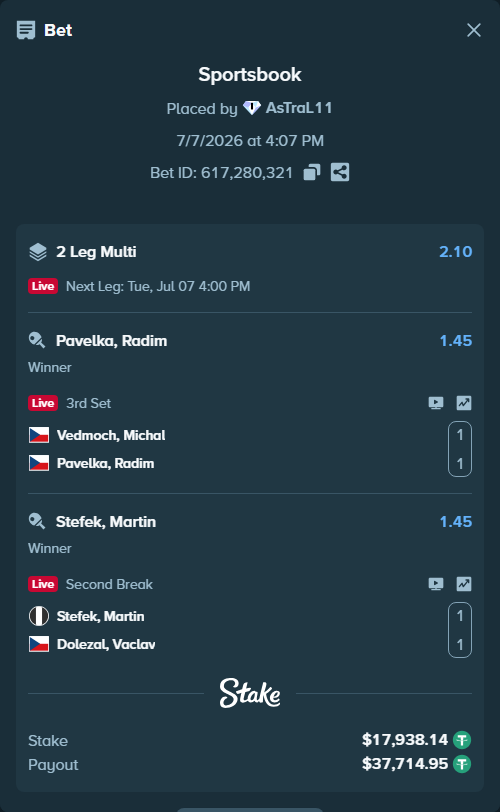 Bet slip: Vedmoch, Michal - Pavelka, Radim, $17,956.08 stake at 1.45 odds, placed by AsTraL11