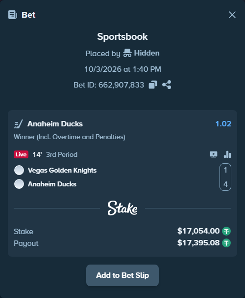 Bet slip: Vegas Golden Knights - Anaheim Ducks, $17,054.00 stake at 1.02 odds, placed by Othmane2kiks