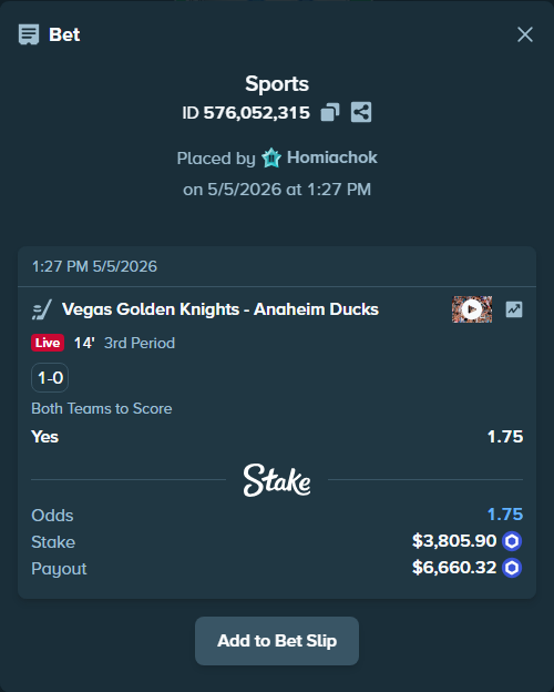 Bet slip: Vegas Golden Knights - Anaheim Ducks, $3,312.00 stake at 1.75 odds, placed by Homiachok